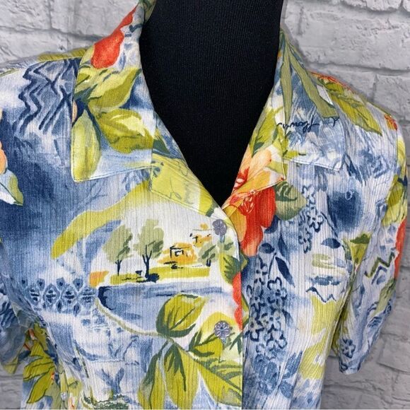Koret 100% cotton tropical floral button down short sleeve collar top sz large w - Picture 2 of 11